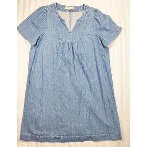 Madewell Womens Light Wash Denim Cotton Linen Split Neck Puff Sleeve Dress L